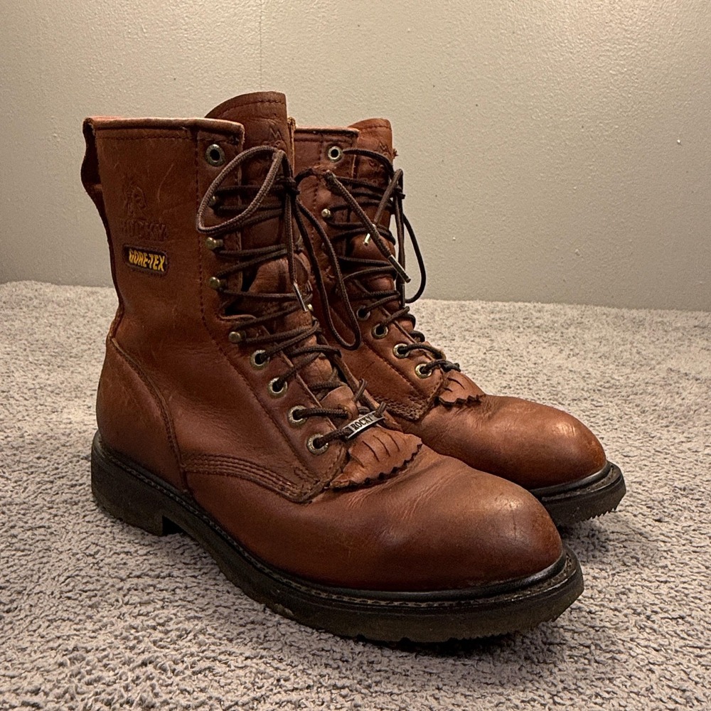 Vtg Rocky‎ Boots Mens 8.5 W Brown Leather GORE-TEX Combat Hunting Kiltie 2853